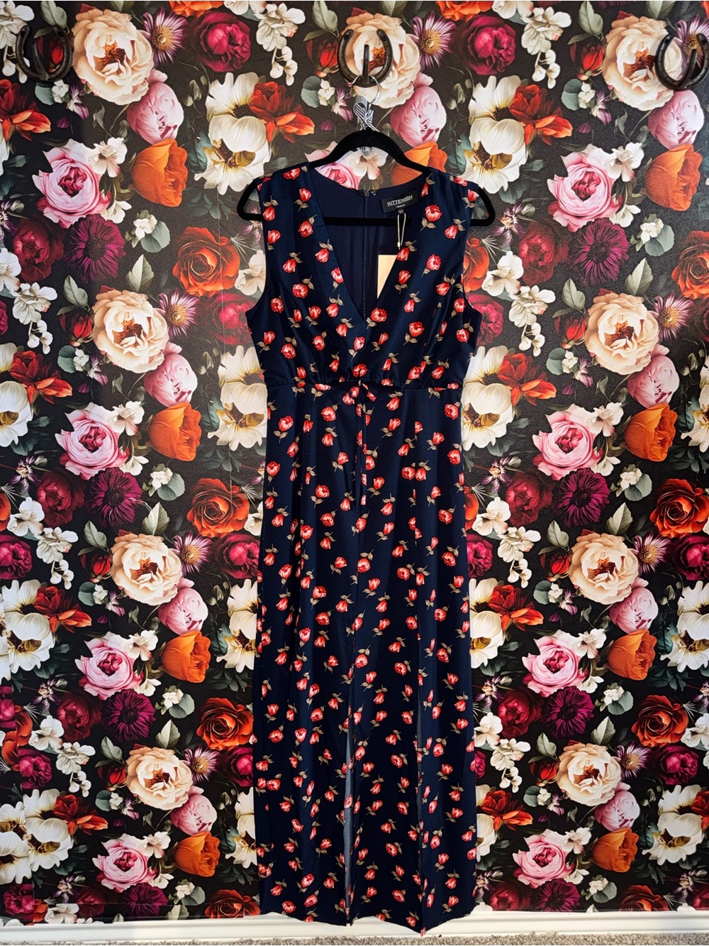 Kittenish Navy Maxi Slit Dress with Red Floral Print, M, NWT